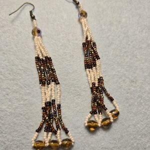 Southwestern Seed Beaded Earrings 4" Gold Brown Ivory Pow Wow